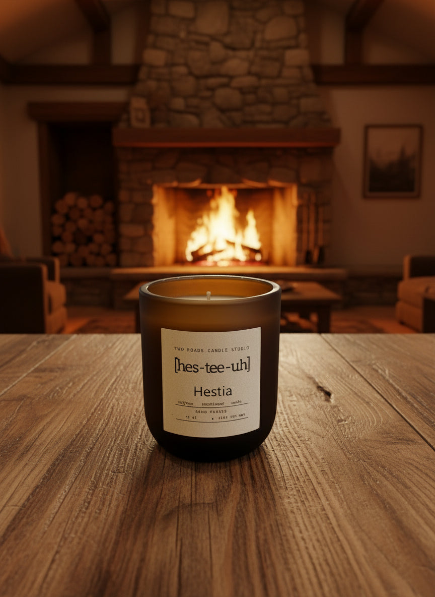 Hestia candle in a den with fireplace