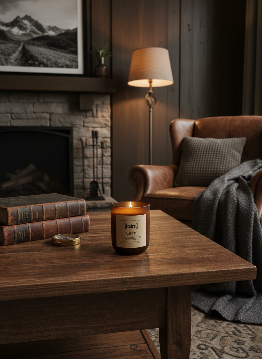 Living room with a wooden coffee table featuring a fireplace, leather chair, and Two Roads Candle Studio candle.