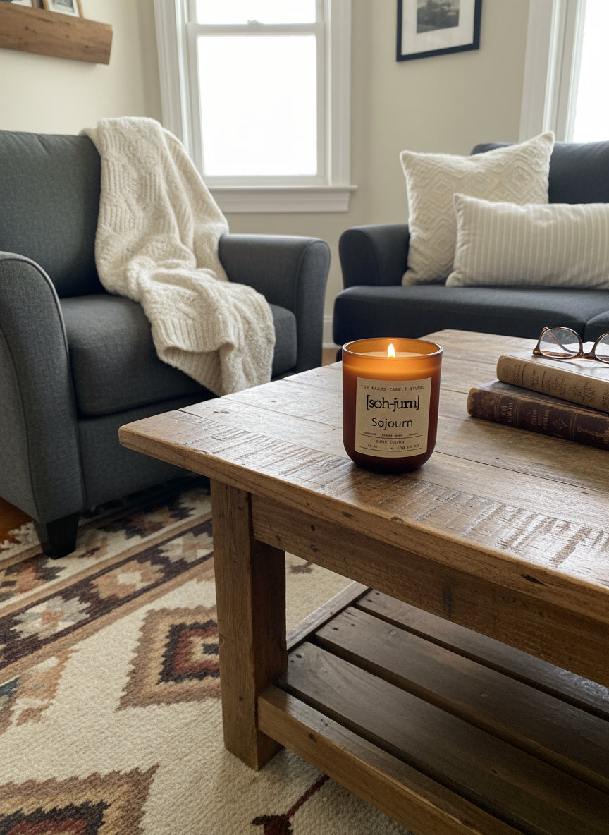 Living room with a wooden coffee table featuring a Two Roads Candle Studio candle, gray sofa with a blanket, and decorative pillows.